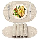 Juego de 6 manteles Individuales ovalados Tejidos, Color Beige y Blanco, con Aislamiento térmico, para Comedor y decoración, 20.0 x 14.0 in