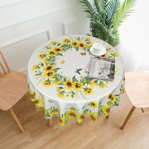 Sunflower Tablecloth Round Summer Yellow Farmhouse Floral Table Cloths Circular Table Cover Waterproof And Dustproof Wipeable Polyester Tabletop For Dining Kitchen Picnic Party Decor 60 Inch #TOP1
