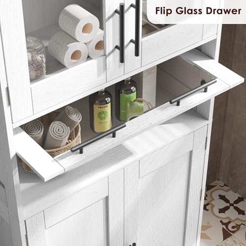 GAOMON Tall Bathroom Cabinet, Freestanding Storage Cabinet with Glass Doors and Adjustable Shelves and Drawers, 67" Tall Cabinet for Kitchen, Pantry, Living Room,White