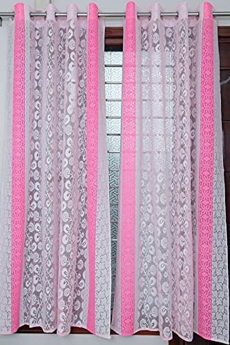 Image of Exporthub 2 Pieces Fancy Sparkling White Flowers Pink Stripe Heavy Quality Sheer Strip Semi-Transparent Net Curtains - Size - Door - 4 x 7 feet (EHSPR774 74)