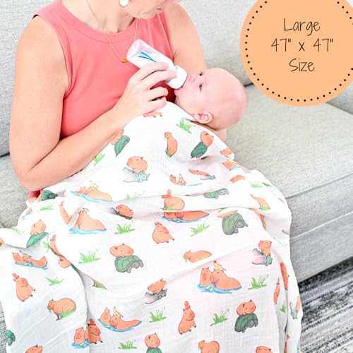 Image of LollyBanks Swaddle Blanket, 100% Cotton Muslin Swaddle Blankets, Neutral Swaddle Blanket 47 x 47 Inches, Baby Blanket for Boys and Girls, Baby Essentials, Registry (Capybara Print)