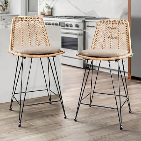IDZO 400lbs Capacity Rattan Counter Height Bar Stools, 36.5 Inches Height Outdoor Counter Stools Set of 2 with Comfort Cushion, Solid Steel Frame & Durable Power Coating, Easy Assembly Cover