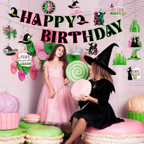 Image of Hooqict Witch Birthday Decorations Pink and Green Happy Birthday Banner with 15Pcs Hanging Swirl Ceiling Streamers for Girls Women Princess Witch Movie Themed Party Decorations Supplies