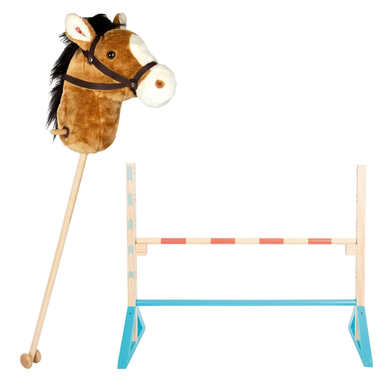 Small Foot Hobby Horsing Steckenpferd Nico mit Springhindernis - Braun | Steckenpferd & Springhindernis | verstellbare Sprunghöhe | Wieher- & Trappelgeräusche | Rollen am Stiel | Halfter & Zügel