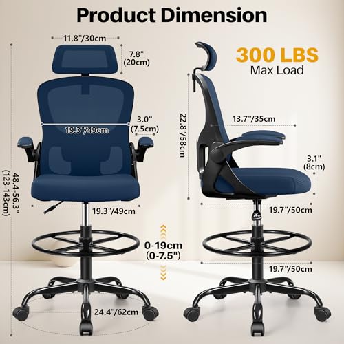 Image of Drafting Chair, Tall Office Chair for Standing Desk, Ergonomic High Back with Headrest, Lumbar Support, Foot Ring and Flip-up Armrests, Navy Blue