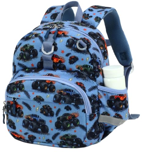 Image of LOIDOU Toddler Backpack for Boys Ages 2-4, 12 Inch Mini Preschool Daycare Bookbag with Insulated Snack Pocket, Corduroy Small Kids Travel Backpack with Chest Strap, Blue Car