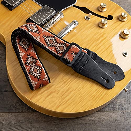 Kliq Vintage Woven Guitar Strap for Acoustic and Electric Guitars | '60s Jacquard Weave Hootenanny Style Rubber Strap | 2 Locks Included | Sienna Navajo & Beige