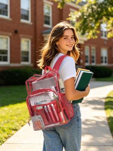 Image of Clear Backpack for School, 17 inch Large Heavy Duty-TPU See Through Bookbag for Boys Girls and Adult, Transparent Backpack With Multi-Pockets for College Work Gym Sport, Red