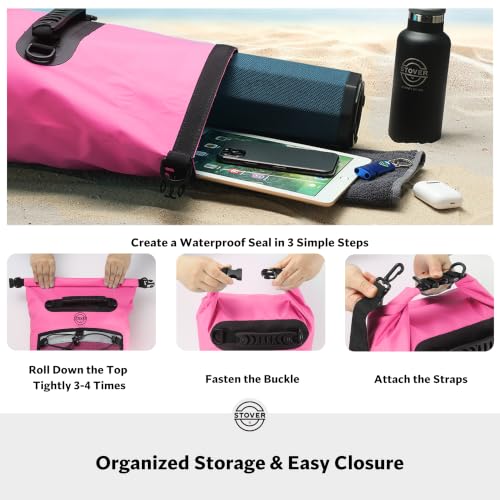 Image of STOVER 5 /10 /25 /30 /40L Waterproof Dry Backpack & Phone Case- Large Floating Dry Bag for Kayaking, Travel, Hiking, Fishing, Camping, Motorcycles & Beach, Heavy-Duty Roll Top Men /Women (Pink)