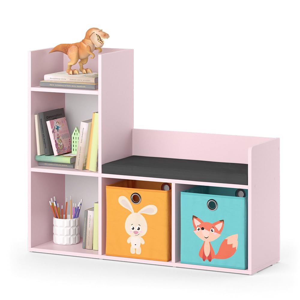 Vicco Libreria bambini Luigi, rosa, 107.2 x 88.6 cm con 2 scatole pieghevoli (colorate), con seduta imbottita e quattro ripiani aperti
