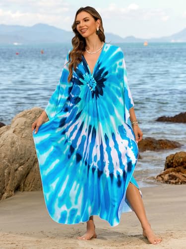 Image of IMAGEKOPE Women's Plus Size Animal Print V-Neck Batwing Kaftan Beach Dress Bathing Suit Cover-Up Loungewear