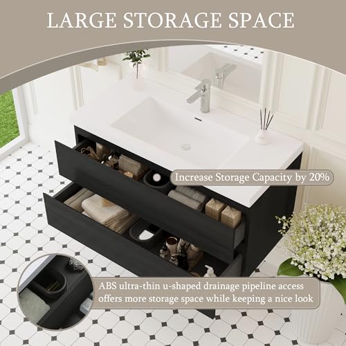 Image of KEIKI 42 inch Floating Bathroom Vanity with Sink, Pre-Assembled Wall-Mounted Vanity with Solid Surface Basin, Soft-Close Drawers, Modern Space-Saving Bathroom Cabinet, Black