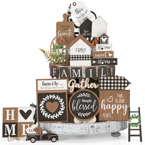 Yaomiao 21 Pcs Farmhouse Tiered Tray Decor Rustic Wood Tabletop Signs Set
