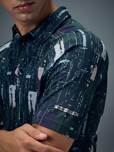 Image of TECHNOSPORT Men's Slim Fit All Over Print Polo Neck T-Shirt with Technocool+, UPF50+ for Regular Use