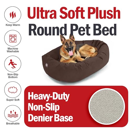 Image of Majestic Pet Suede Shredded Memory Foam Mix Calming Dog Bed Washable - Cozy Soft Round Dog Bed with Spine for Head Support - Fluffy Donut Dog Bed, 52 Inch, Chocolate