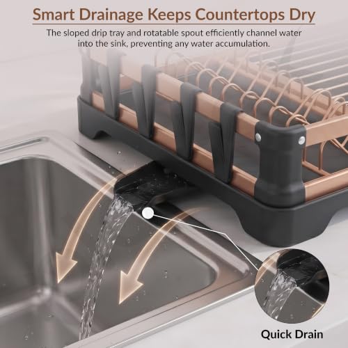 Image of Plantex Fold Flat Dish Drying Rack /Aluminium 2-Tier Dish Rack with Drainboard /Vessel Drainer Basket /Plate Holder Stand /Kitchen Rack - Pack of 1 (Gold & Black)