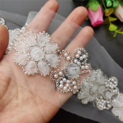 1 Yard White Mesh Beaded Flowers Lace Trim Ribbon Vintage Pearl Beads Chiffon Floral Trimmings Edging Fabric Embroidered Appliques Sewing Craft Wedding Bridal Dress Clothes Decoration #TOP2