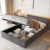 Cama tapizada con somier y arcón, 140 x 200 cm, cama de matrimonio, tapizado de terciopelo, cabecero acolchado