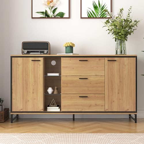 Raeln Aparador Madera y Negro 160 cm, Cómoda con 3 Cajones y LED de 16 Colores, Mueble Auxiliar con Patas de Hierro y Estantes de Vidrio para Salón, Comedor o Entrada