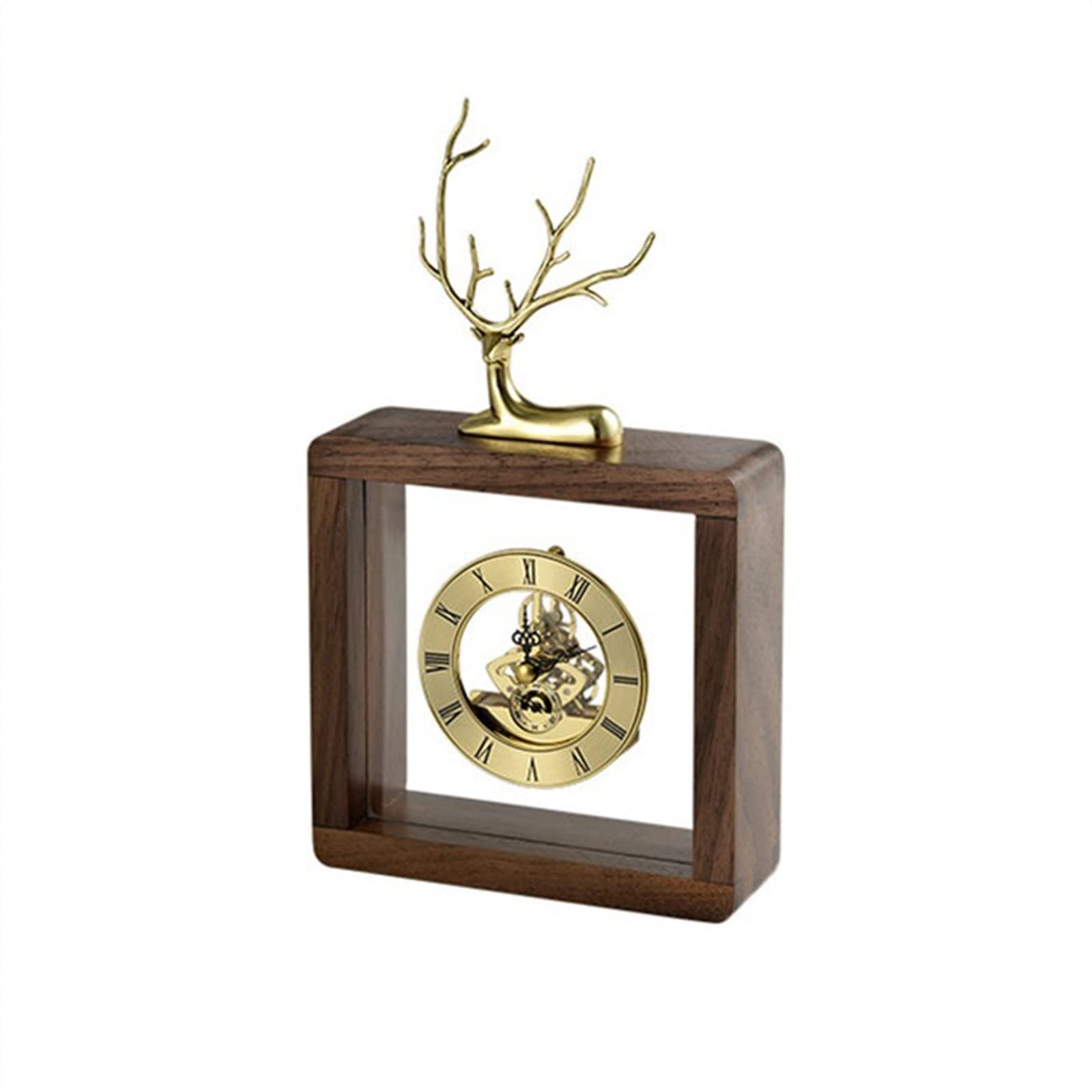 QINGGANG-0224 Mantel Clock Light Luxury Walnut Clock Copper Deer Shape Study Living Room Table Top Decoration Silent(A)