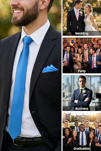 Image of HISDERN Mens Ties Solid Color Ties for Men Formal Necktie with Pocket Square Set Satin Silk Neck Tie Handkerchiefs Set