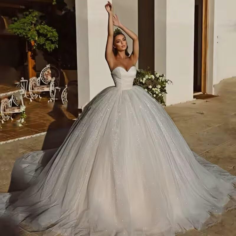 XYAYE Sparkly Strapless Wedding Dress with Long Train Puffy Tulle Quinceanera Dresses Sweetheart Pleated Ball Gown3
