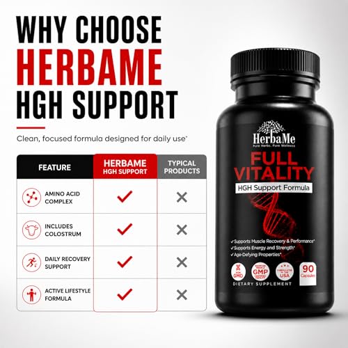 Image of HerbaMe HGH Support Supplement for Men & Women, 90 Capsules - Naturally Supports Human Growth Hormone, Amino Acid Complex with Arginine & Colostrum - Supports Nighttime Recovery, Energy & Performance