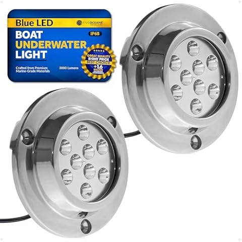 Five Oceans 2-Pack Underwater Boat Lights - Underwater Lights for Boat, Blue LED High-Power 3000 LM,Marine-Grade Boat Underwater Lights 316 Stainless Steel Body, 12-30V DC, Waterproof IP68 - FO4005-M2 Cover