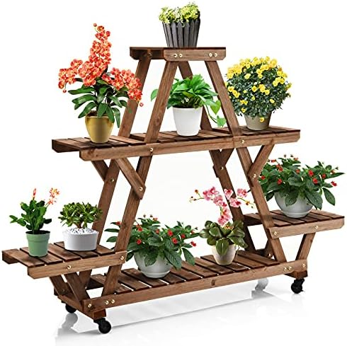 COSTWAY Wooden Plant Stand, Multi Tier Flower Pot Holder with Wheels, Potted Plants Display Ladder Shelf for Home Garden Patio Balcony