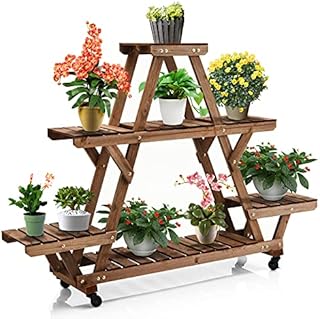 COSTWAY Wooden Plant Stand, Multi Tier Flower Pot Holder with Wheels, Potted Plants Display Ladder Shelf for Home Garden Patio Balcony