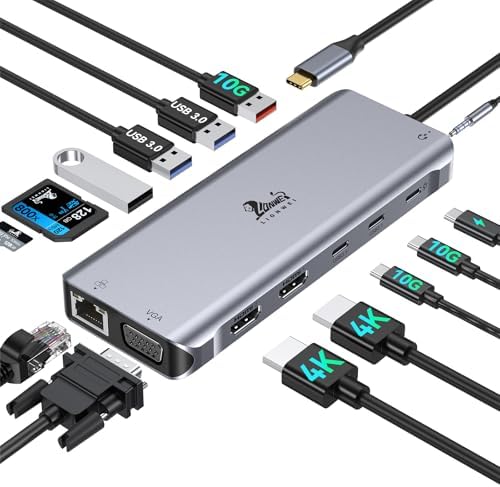 LIONWEI USB C Docking Station 3 Monitore 14-in-1 USB-C Hub Dual Monitore | Dockingstation Laptop mit 2x HDMI, VGA, 100W PD, 6x USB(3x 3.1, 2x 3.0, 1x 2.0), Ethernet, SD/microSD, Au