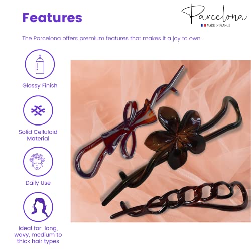 Parcelona French Twist N Clip Flower, Bow And Chain 4" Celluloid Metal Free Hair Barrette Clips Women Hair Accessories, Made In France (Tortoise Shell Brown) #TOP1
