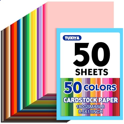 50 Sheets 8.5 X 11 Colored Cardstock 50 Assorted Colors Construction Paper Card Stock Printer Paper for Printing Card Making DIY Crafts School Supplies Party Decorations (180GSM/65LB)