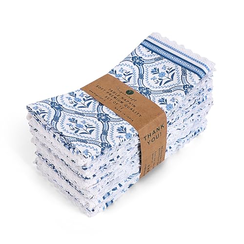 Image of FINGERCRAFT Table Napkins Set of 12 Cotton Linen Fabric with Classic Lace 20x20 Inch (50cmx50cm) Dinner Napkin Durable and Good Absorbency for Home, Hotels, Parties (Blue Damask)