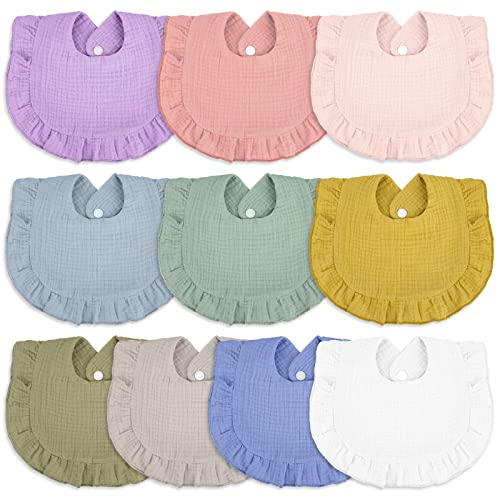 Image of Seematn 10 Pcs Baby Muslin Bibs Drool Bibs Bandana Ruffle Soft Cotton for Newborn Baby Infants Girl Teething Toddlers Boy(Light Colors)