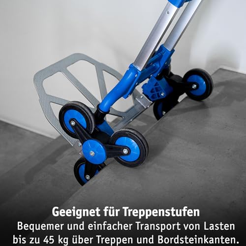 Lefeld Sackkarre Treppensteiger Treppen Transportkarre Stapelkarre | bis 70 Kg | Sackkarre klappbar | Sternradsystem Sternräder | Mit Spanngummi | Aluminium | Große Ladefläche | Variable Griffhöhe – Bild 4