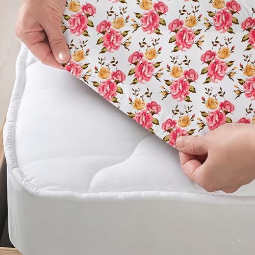 Image of IVAZA Ezyption Cotton Super Soft 240 TC Elastic Fitted All Around Elastic Printed King Size Double Bed Bedsheet with 2 Pillow Cover 72 inch X 78 inch3 Pink White