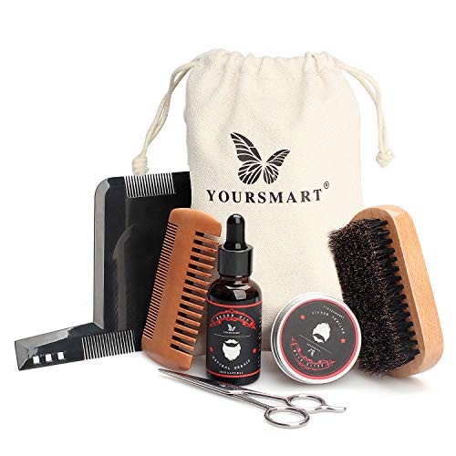 YOURSMART Beard Care Kit - Mens Beard Grooming Set Includes Beard Oil, Beard Wax, Mustache Scissors, Wood Beard Comb, Brush and Beard Shaping