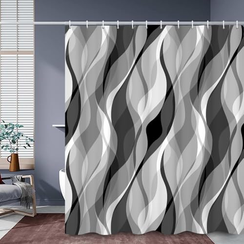 ASDCXZ Rideau de Douche Gris 180x200 cm, Moderne Abstrait Gris Noir Blanc Irrégulier Vague Rayures Imperméable Rideau de Bain Polyester Textile Lavable Rideaux Douche...