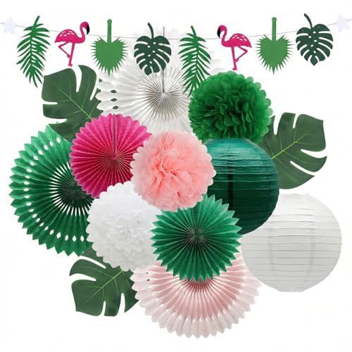 Image of 14 Pcs Tropical Party Decorations Set - Pre-Strung Flamingo Banner, Paper Fans, Lanterns & Palm Leaves - Hawaiian Themed Luau Party Decorations for Summer Beach, Pool & Birthday