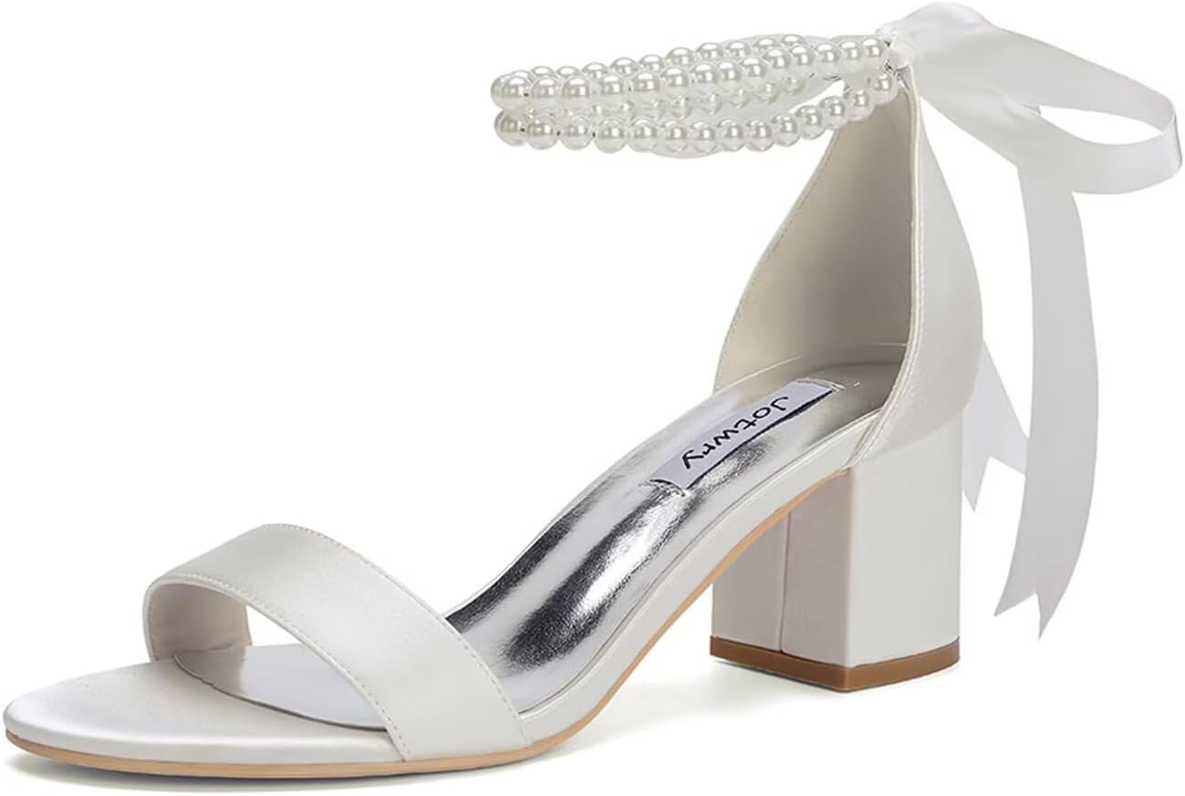 Jotwry Pearl Heels Wedding Shoes for Bride Block Heel Wedding Sandals Open Toe Bridal Shoes