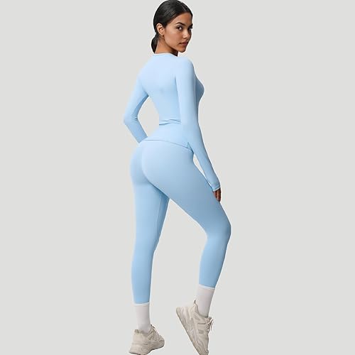 Miniatura 4 de Conjunto de entrenamiento de 2 piezas para mujer, camiseta deportiva de manga larga y leggings de cintura alta