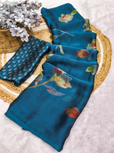 Image of SUPERLAXMI Women's Chiffon Floral Printed Saree with Blouse Piece