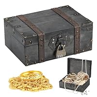 Pirate Treasure Chest, Wooden Treasure Chest with Lock, Children's Birthday Treasure Chests, Pirate Chests, Gift Box Lockable with Lid and Key for Jewellery Halloween Christmas Gifts, 23.5x16x10cm