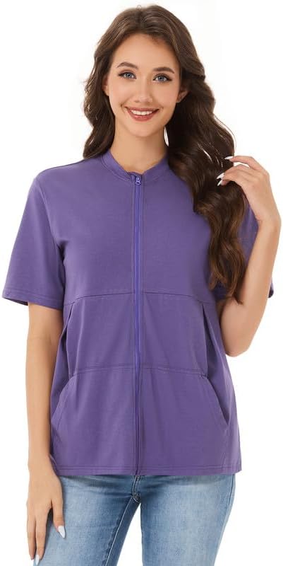 Post Surgery Mastectomy Shirt with Drain Pockets – Women’s Short Sleeve Zip Front Recovery Top with Elastic Pouches - Image 4