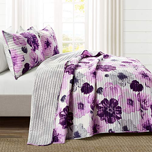 Image of Lush Decor Leah Reversible Floral Quilt Set, 3 Piece Set, King, Gray & Purple - Watercolor Botanical - Cottage Core - French Country Decor- Bedding Queen Size