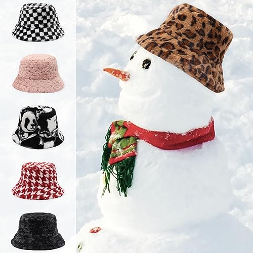 Image of Bucket Hat Women Furry Fuzzy Bucket Hats for Ladies, Winter Warm Fluffy Plush Faux Fur Hat for Women