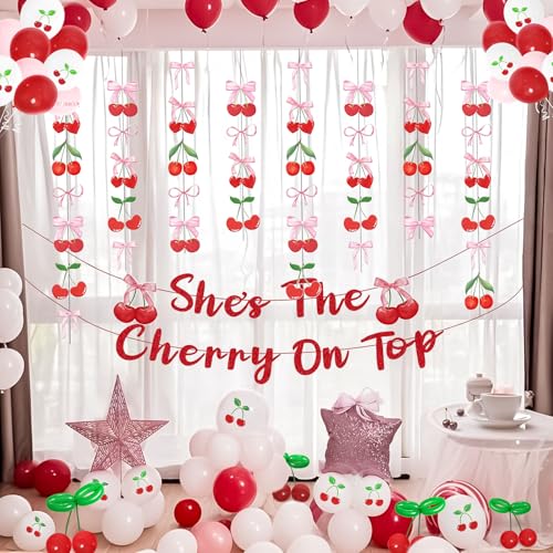 Image of Cherry Party Decorations Cherry and Bow Hanging Banner Cherry On Top Baby Shower Decorations for Birthday Bridal Shower Bachelorette Wedding Party Supplies