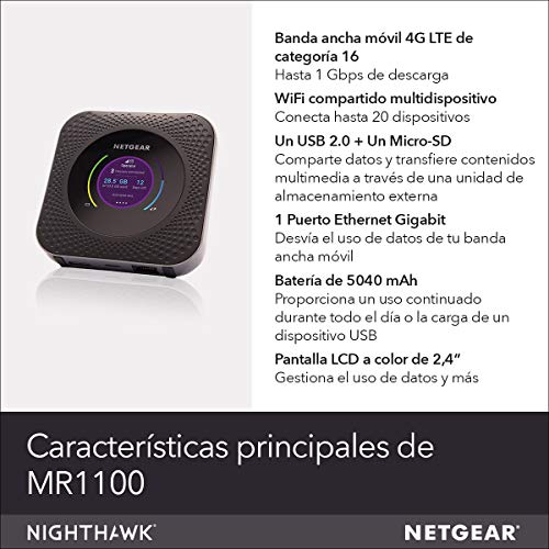 NETGEAR Nighthawk Router MR1100, Módem 4G SIM, Velocidad de hasta 1 Gbps, Puerta Ethernet, Negro