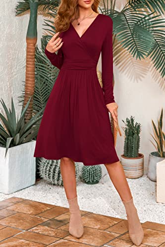 Weaczzy Casual Long Sleeve Dress Wrap Burgundy Red Holiday Party Dresses For Women, Wine Red, Medium #TOP3